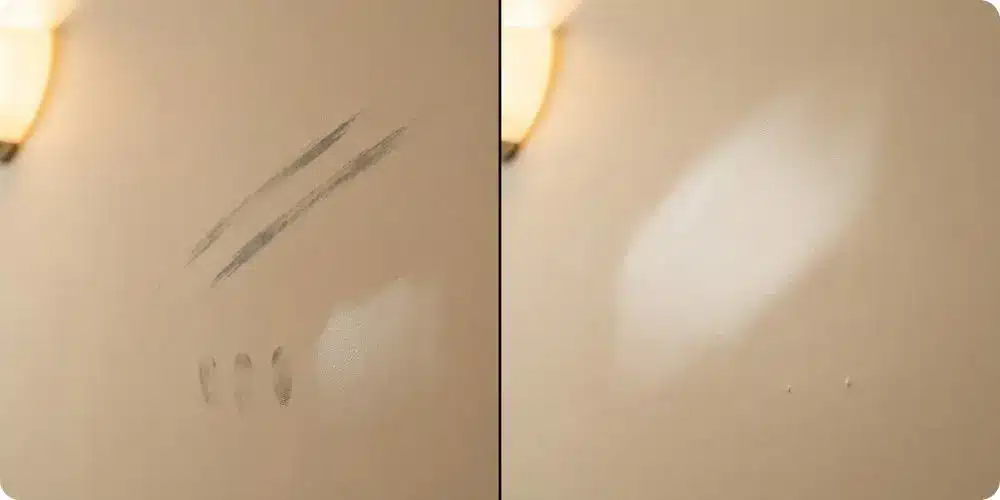 Gros plan sur un mur de couloir : finition mate marquée par des traces de frottement et empreintes après six mois, à côté d'une finition satinée intacte sous le même éclairage