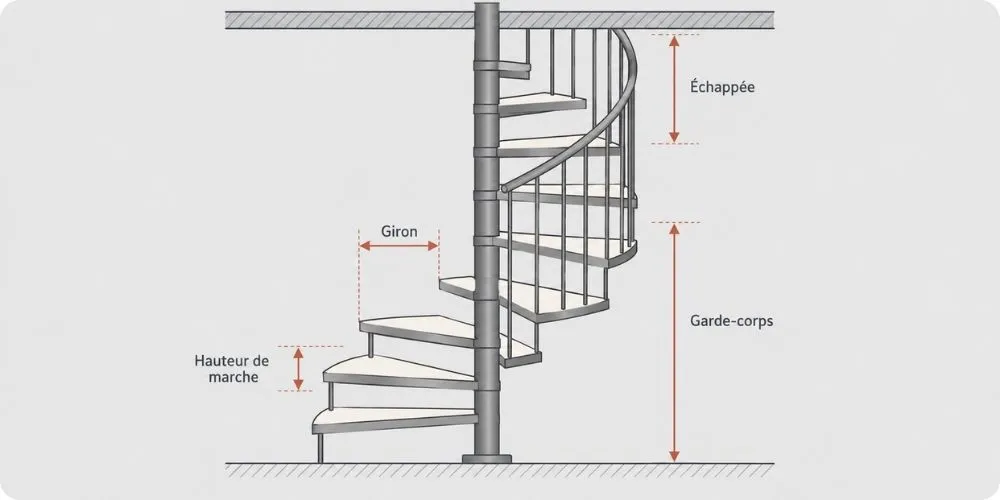 Schéma coté d'un escalier en colimaçon : hauteur de marche 16-18 cm, giron 23-30 cm, garde-corps 90 cm minimum et échappée supérieure à 2 mètres sous plafond