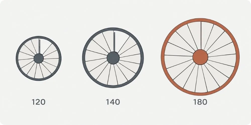 Comparaison de l'empreinte au sol de trois escaliers en colimaçon selon leur diamètre : 120 cm pour petits espaces, 140 cm en compromis confort-encombrement, 180 cm pour une montée fluide