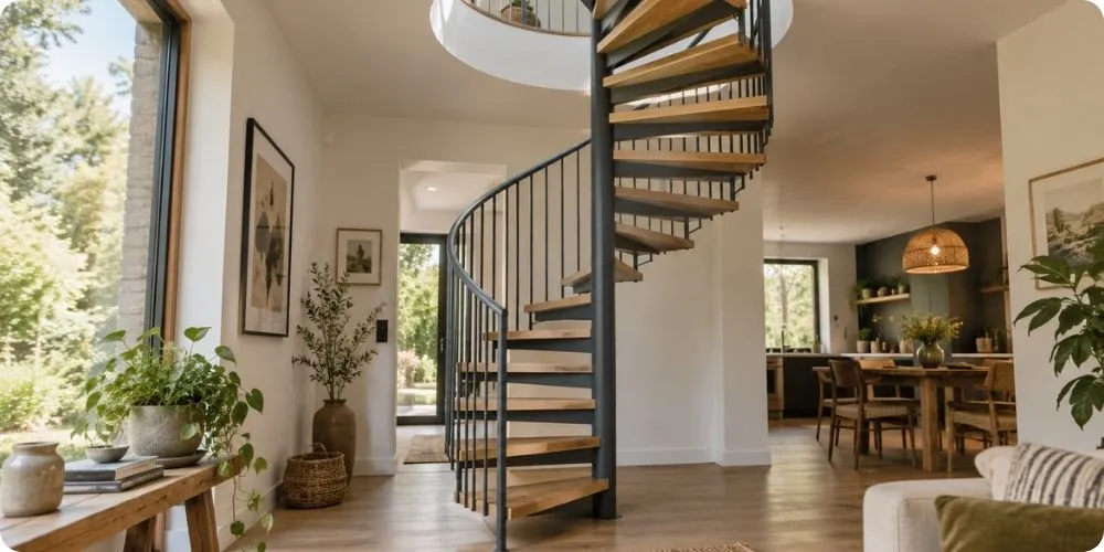 Escalier en colimaçon à structure métal anthracite et marches bois clair dans un intérieur lumineux, forme hélicoïdale compacte