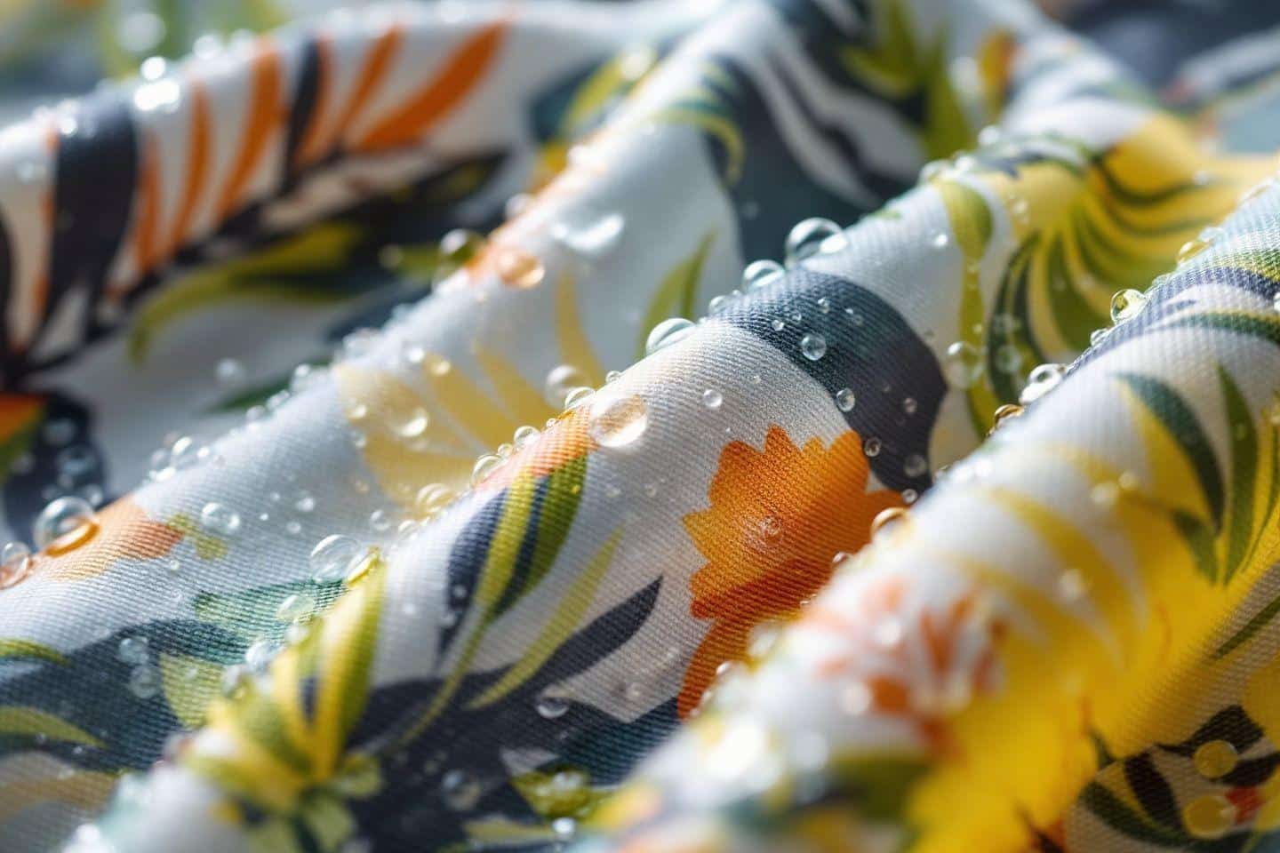 Gros plan de gouttes d'eau sur un tissu aux motifs de fleurs colorées