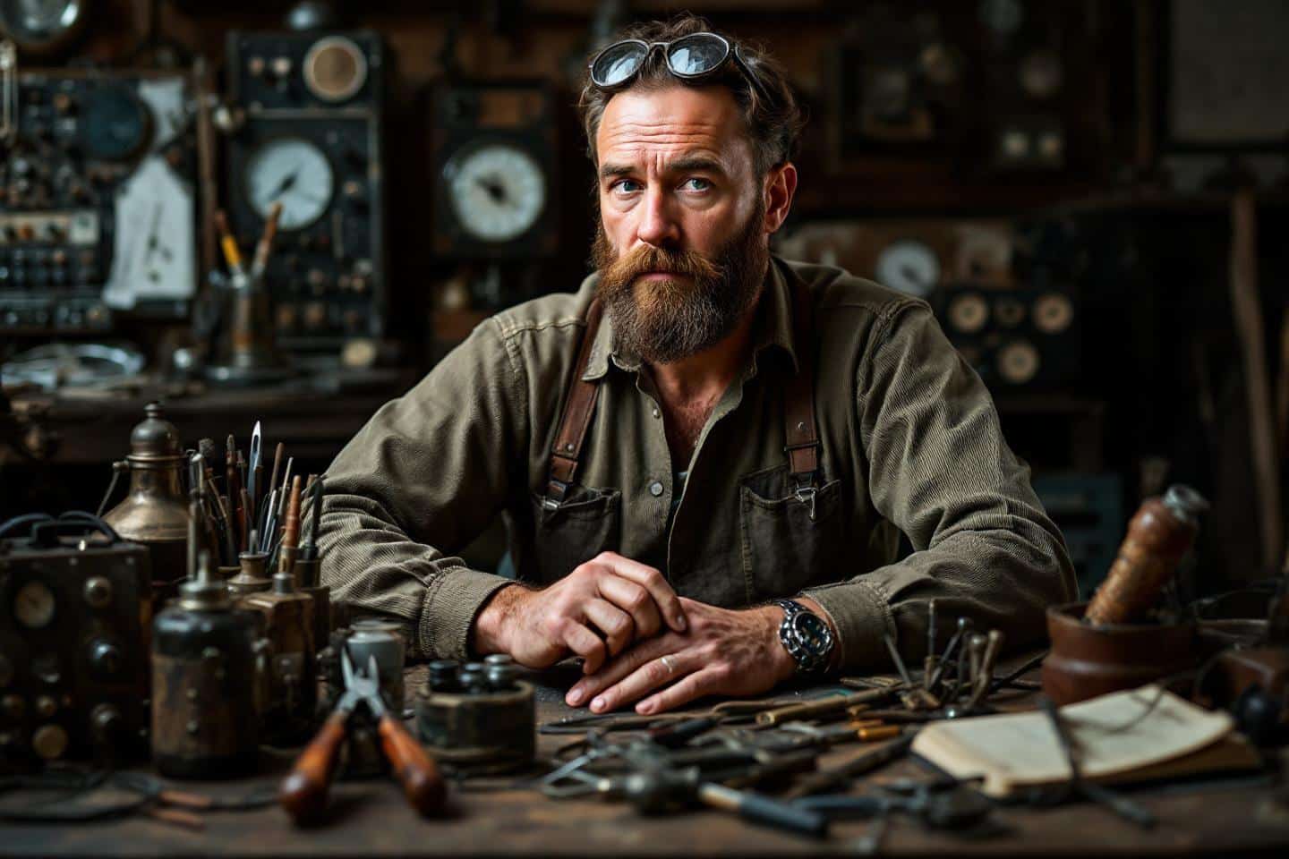 Homme à lunettes entouré d'outils anciens dans un établi