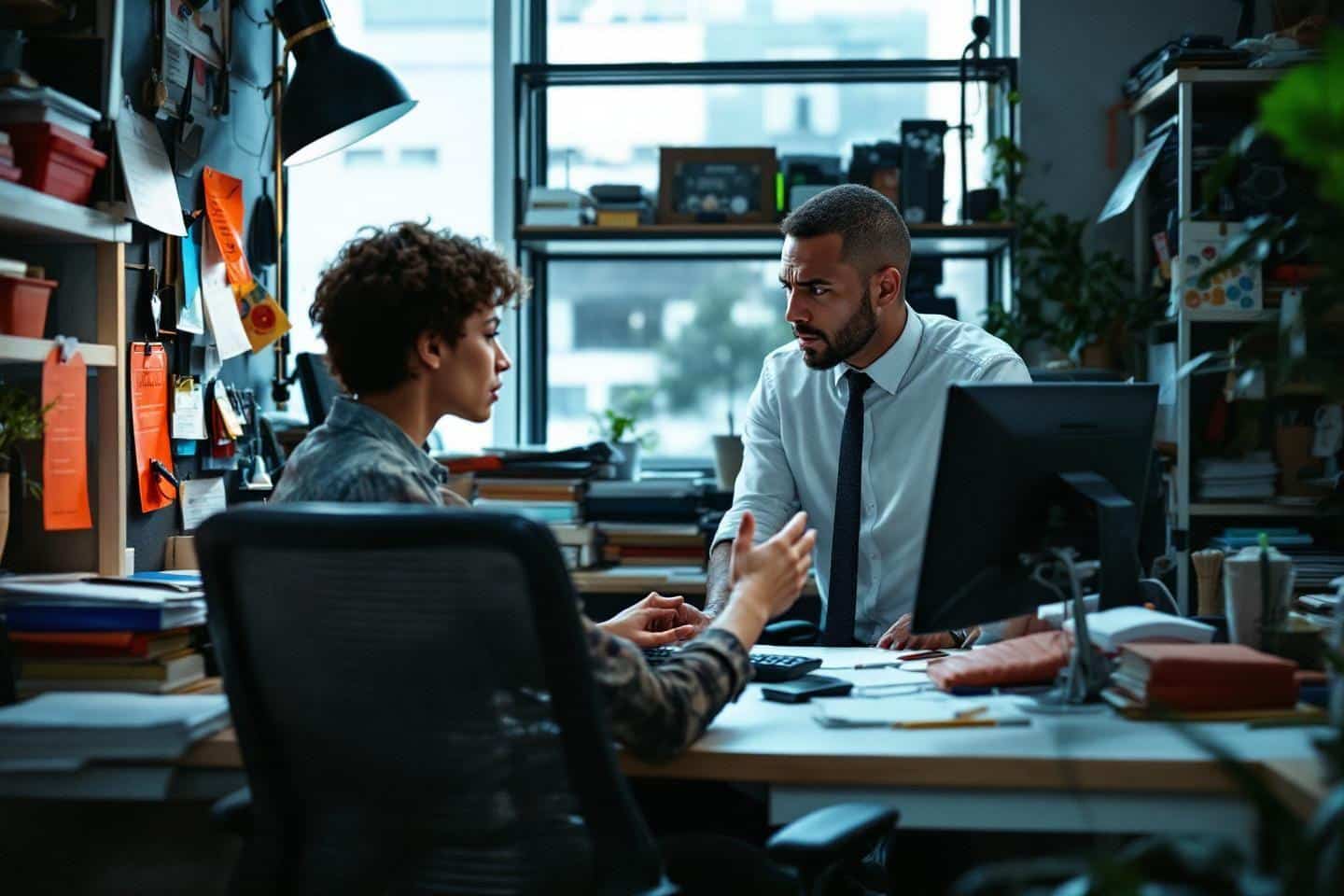 Deux collègues discutent sérieusement à un bureau encombré