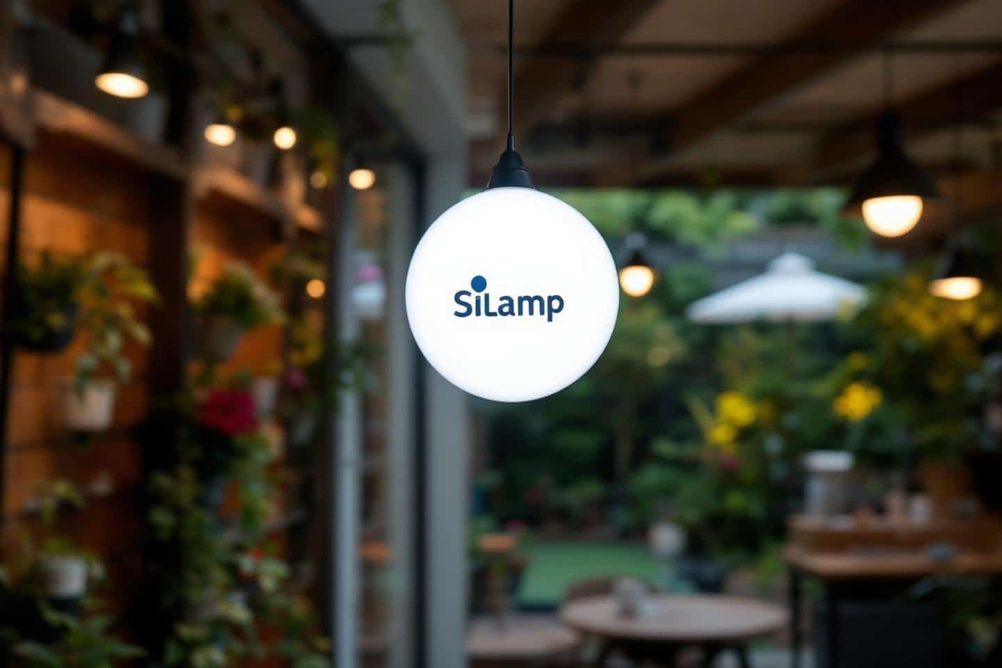 Lampe blanche avec logo Silamp suspendue dans un intérieur végétal