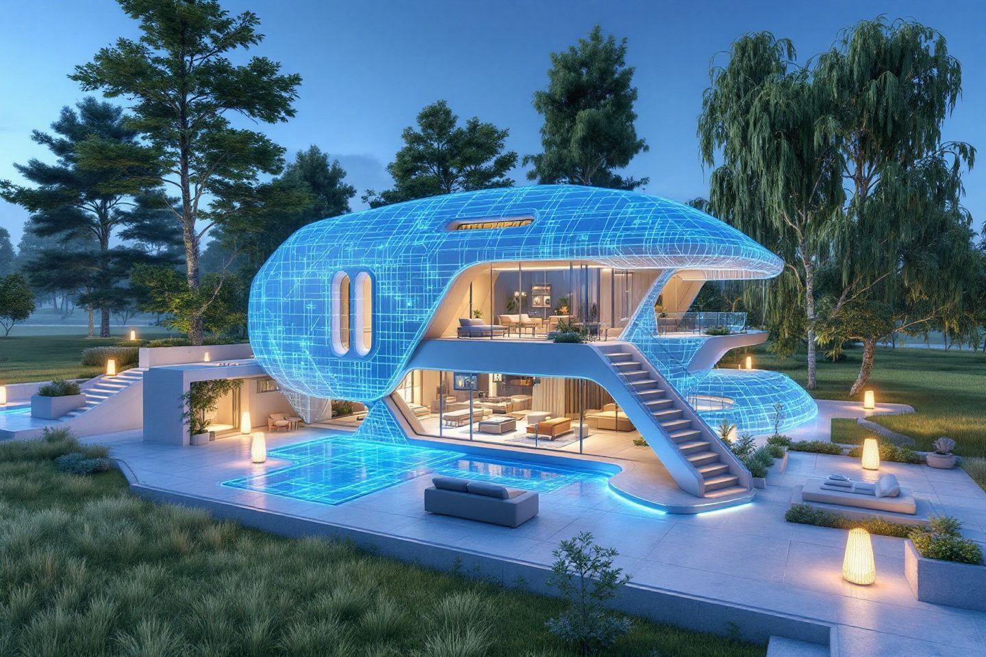 Résidence moderne avec structure vitrée incurvée et piscine illuminée