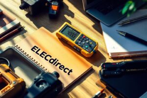 Multimètre jaune, cahier et outils sur un bureau en bois