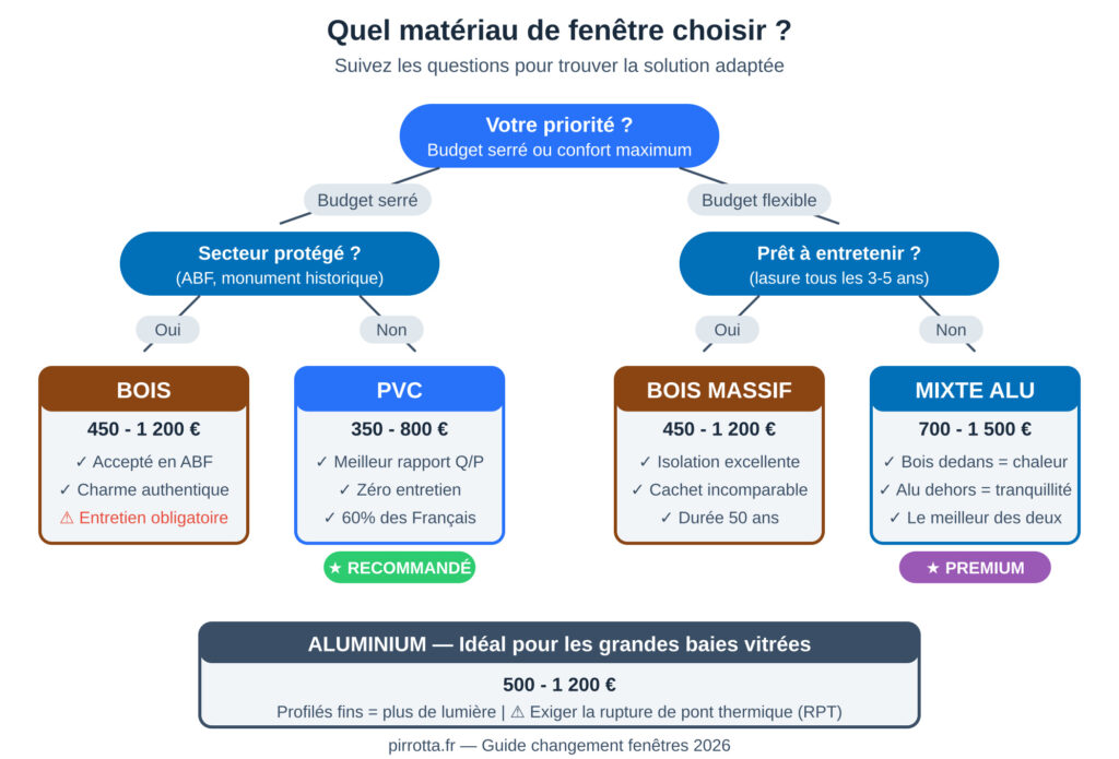 Guide de choix du matériau de fenêtre selon vos critères : PVC recommandé pour budget serré (350-800€), bois pour secteur protégé ABF (450-1200€), bois massif ou mixte bois-alu pour budget flexible (700-1500€), aluminium pour grandes baies vitrées avec rupture de pont thermique obligatoire.