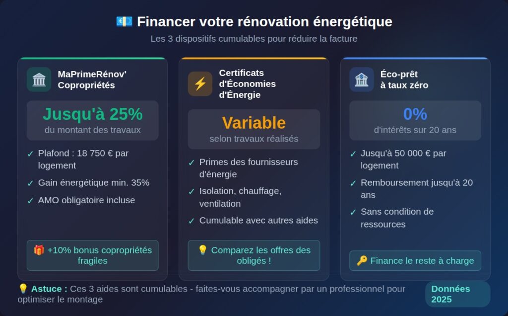 Comparatif des 3 aides financières cumulables pour la rénovation énergétique en copropriété : MaPrimeRénov jusqu'à 25%, CEE, Éco-PTZ à 0% sur 20 ans