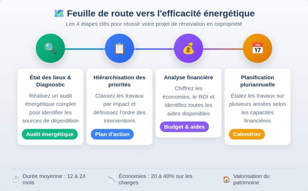 Schéma des 4 étapes clés pour optimiser la performance énergétique d'une copropriété : diagnostic, hiérarchisation, analyse financière, planification pluriannuelle