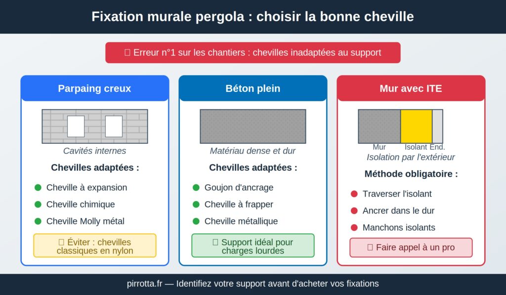 Schéma des chevilles adaptées selon le type de mur pour fixation pergola : parpaing creux = cheville à expansion ou chimique, béton plein = goujon d'ancrage, mur avec ITE = traverser l'isolant et ancrer dans le dur