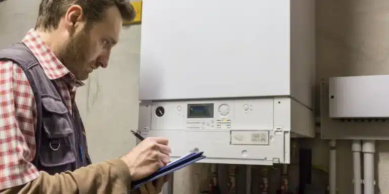 Chaudière à condensation nouvelle génération installée sur un mur de cuisine moderne
