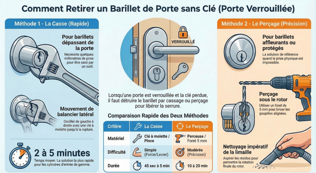Infographie comparant les deux méthodes pour retirer un barillet sans clé sur une porte verrouillée : casse à la clé à molette en 2 à 5 minutes et perçage au foret de 5 mm en 10 à 20 minutes