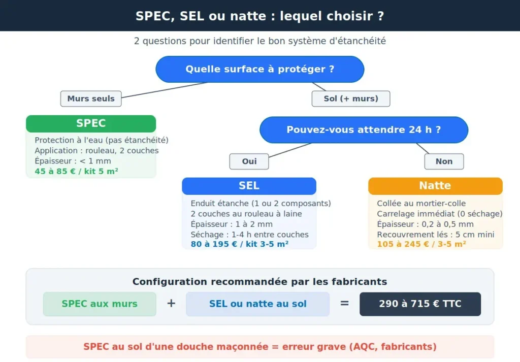 Arbre de décision pour choisir entre SPEC, SEL et natte d'étanchéité en douche italienne selon la surface à protéger et le temps de séchage disponible, avec prix indicatifs 2025-2026