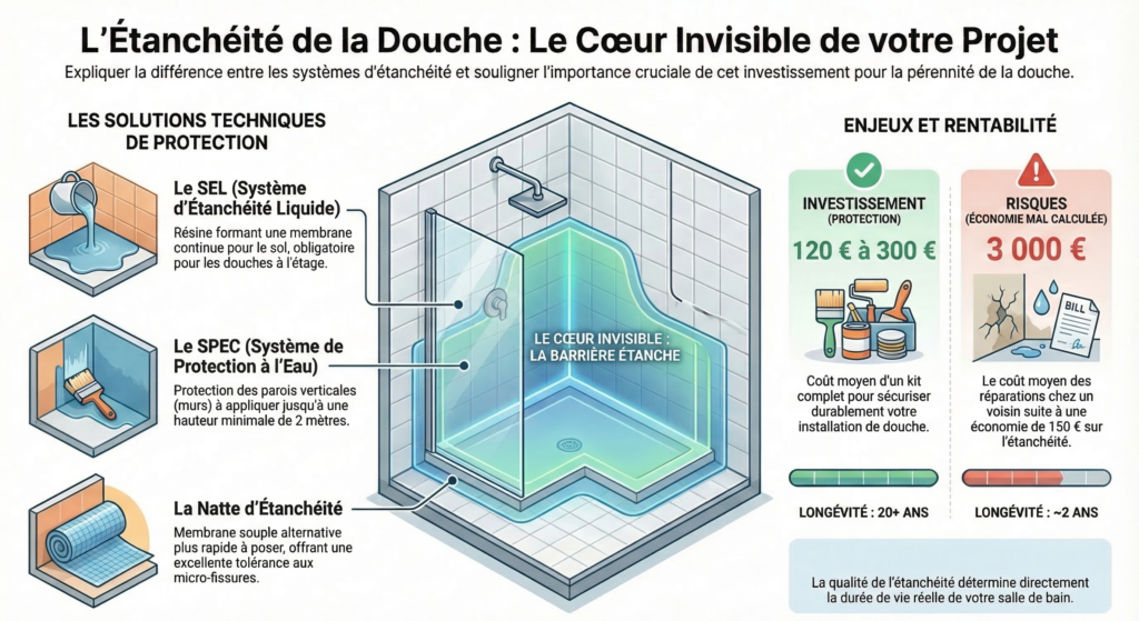 Systèmes d'étanchéité douche italienne : différence entre SEL (sol), SPEC (murs) et natte, avec comparaison coût du kit (120-300 €) vs risque de dégât des eaux