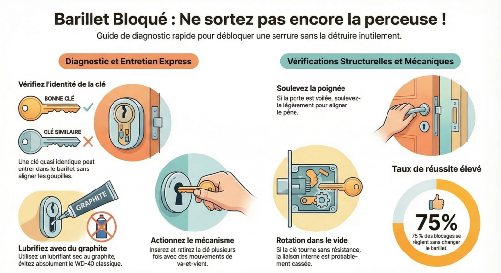 Guide de diagnostic pour un barillet bloqué : vérifier la bonne clé, lubrifier au graphite sec, soulever la poignée si la porte est voilée et identifier une rotation dans le vide