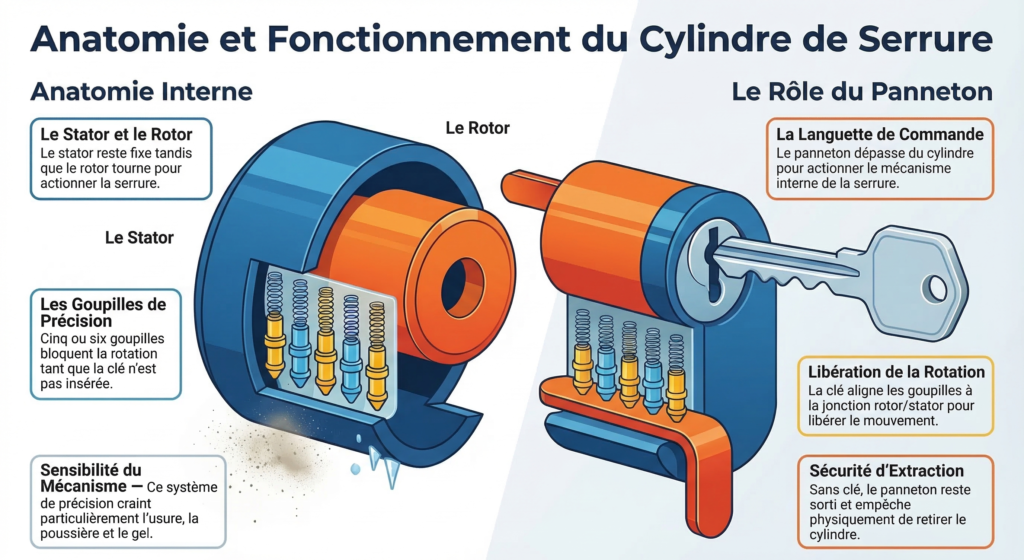Schéma éclaté d'un cylindre de serrure européen montrant le stator, le rotor, les goupilles de précision et le panneton qui actionne le mécanisme de verrouillage