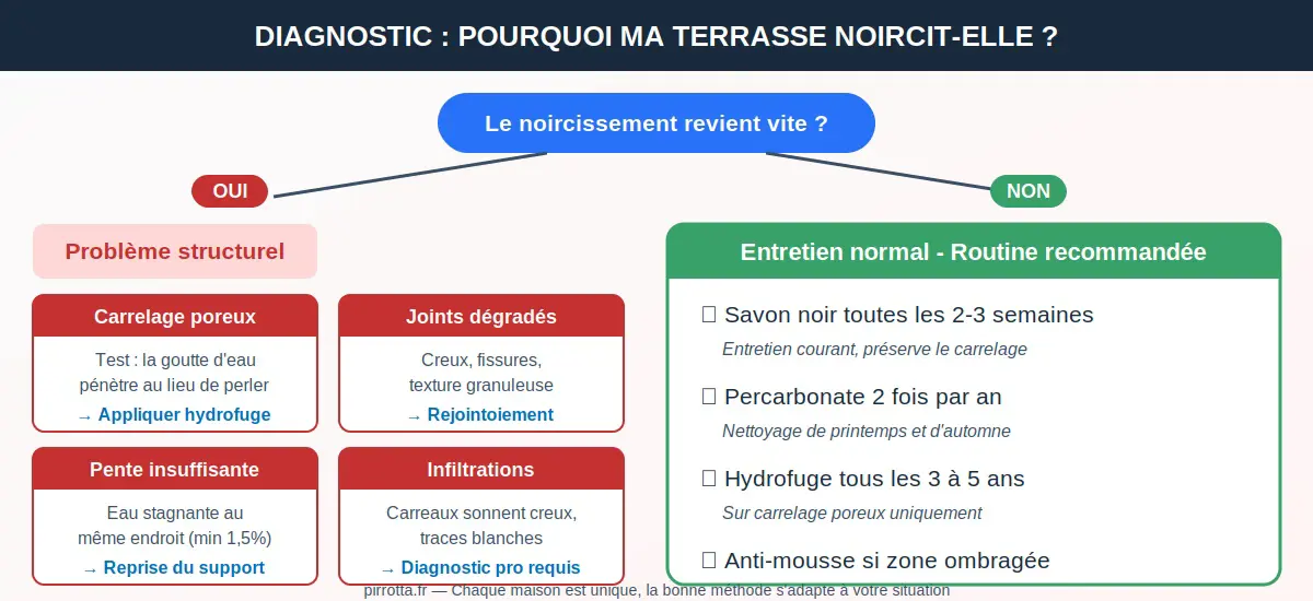 Diagnostic terrasse qui noircit : arbre de décision pour identifier carrelage poreux, joints dégradés, problème de pente ou infiltrations