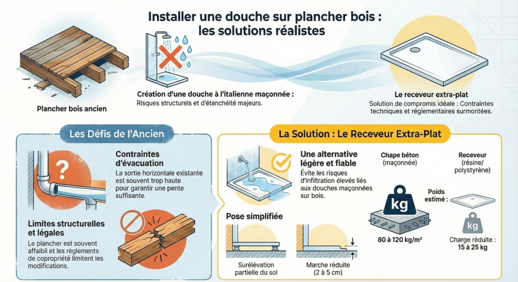 Schéma comparatif installation douche sur plancher bois : contraintes de la chape maçonnée (80-120 kg/m²) vs solution receveur extra-plat (15-25 kg)