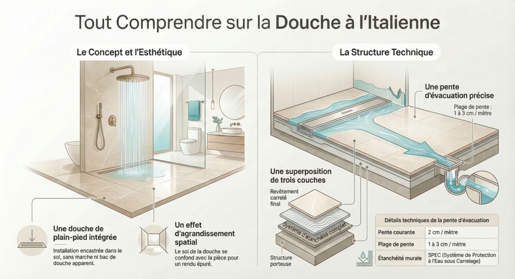 Infographie douche italienne : concept de plain-pied, couches techniques (structure, étanchéité, finition) et pente d'évacuation de 1 à 3 cm par mètre