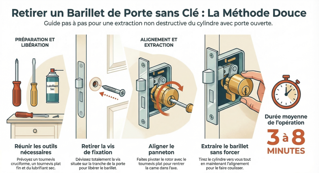 Les quatre étapes pour sortir un barillet sans clé sur une porte ouverte : réunir les outils, retirer la vis de fixation, aligner le panneton au tournevis plat et extraire le cylindre en 3 à 8 minutes