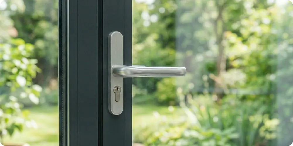 Poignée de baie vitrée coulissante aluminium, gros plan sur le mécanisme