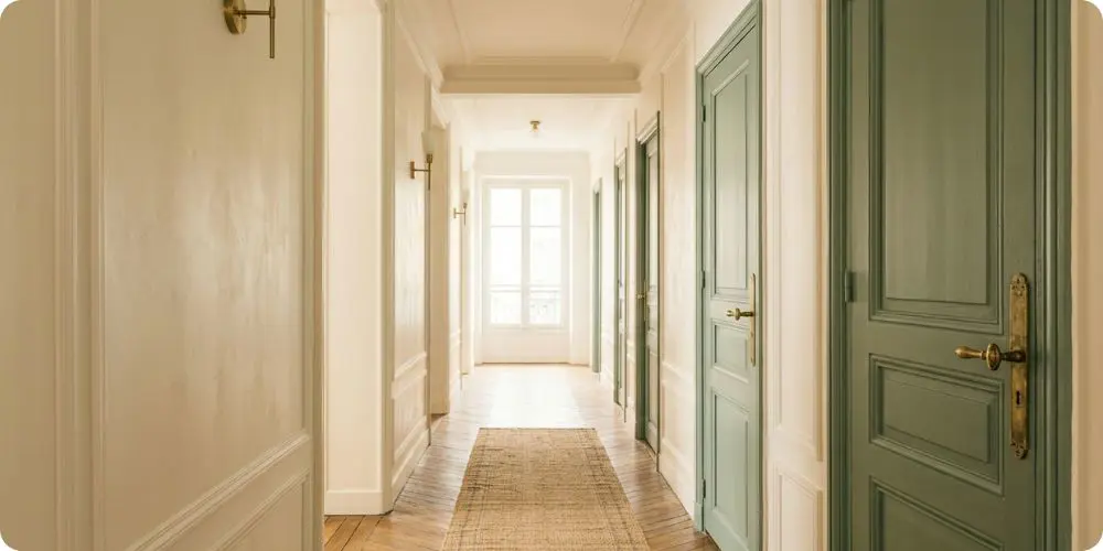 Couloir long avec plusieurs portes peintes en vert sauge et murs blancs dans un appartement rénové