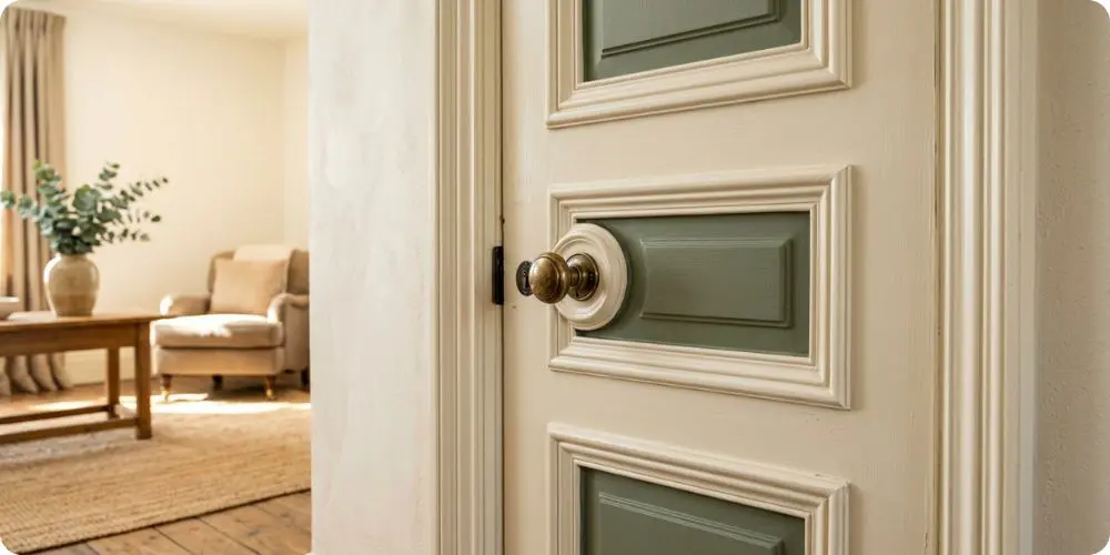 Porte à panneaux avec moulures peintes en deux teintes contrastées, panneaux vert sauge et montants blanc cassé