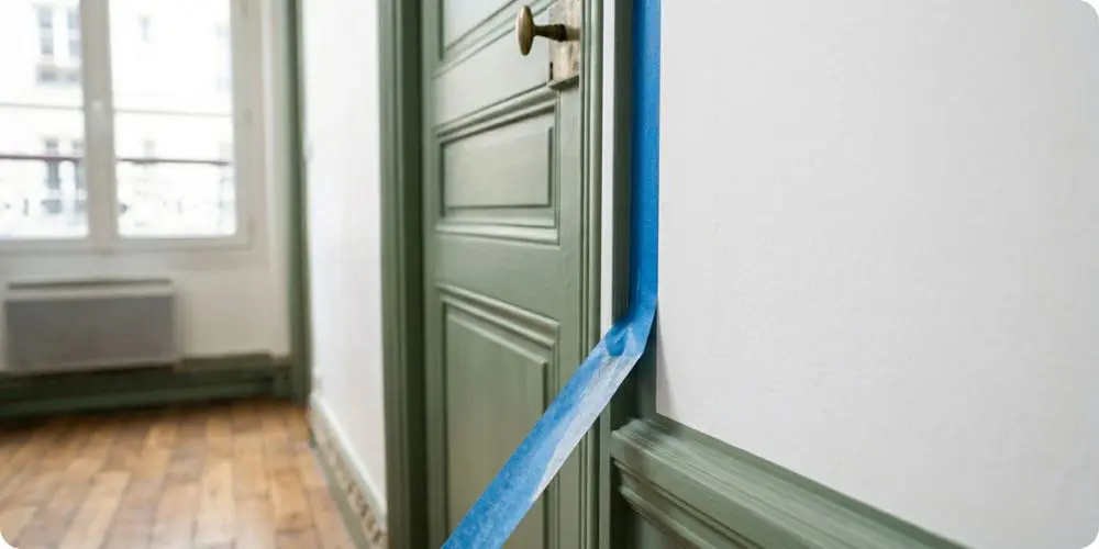 Ruban de masquage bleu posé entre un encadrement de porte peint et un mur blanc dans un couloir