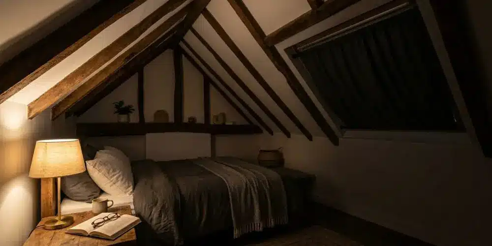 Velux occulté par un rideau épais dans une chambre sous combles la nuit