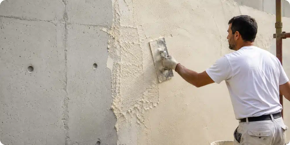 Application d'un enduit à la chaux sur mur en béton banché