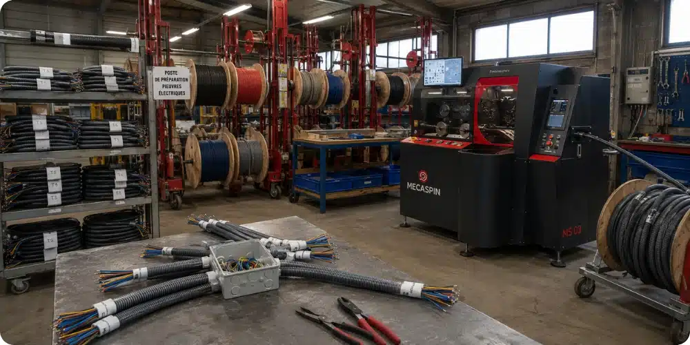 Atelier de pieuvriste avec gaines préfilées et machine de préfilage industrielle