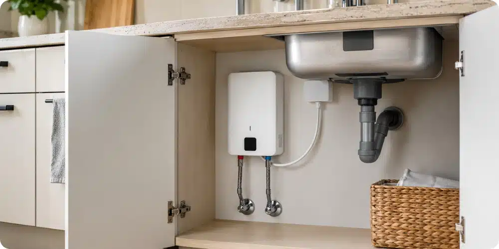 Chauffe-eau instantané électrique compact installé sous un évier