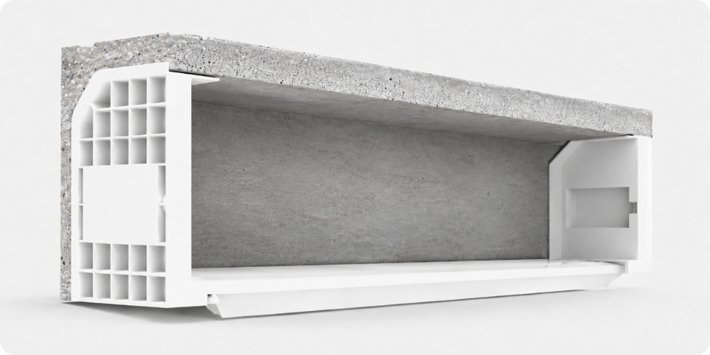 Coffre demi-linteau Eveno béton armé avec sous-face PVC blanche pour volet roulant