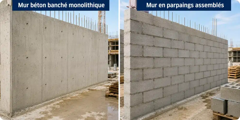 Comparaison visuelle mur béton banché monolithique et mur en parpaings assemblés