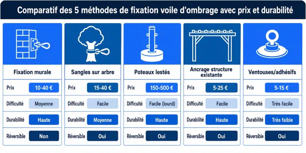 Comparatif des 5 méthodes de fixation voile d'ombrage avec prix et durabilité