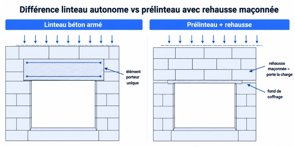 Différence linteau autonome vs prélinteau avec rehausse maçonnée
