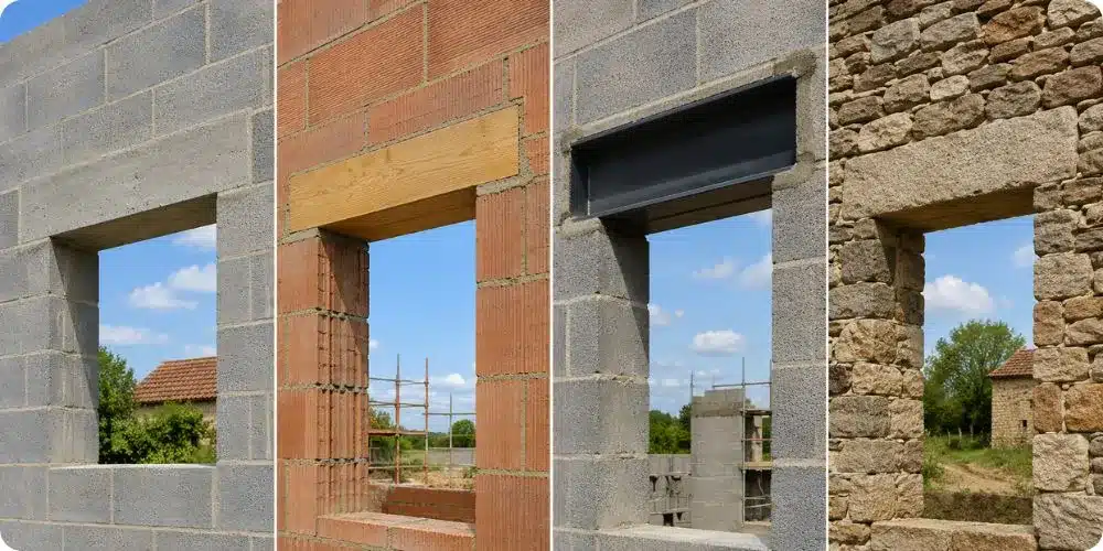Différents types de linteaux : béton, bois, acier IPN et pierre