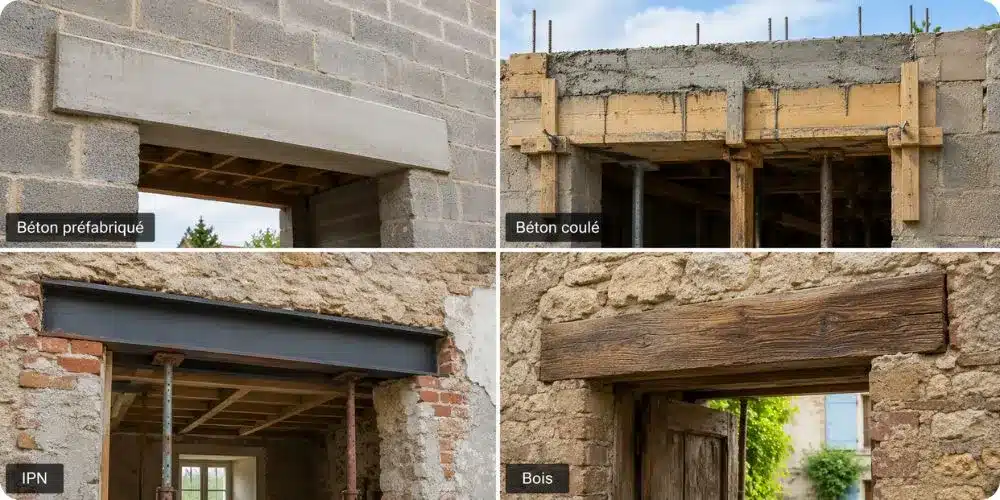 Différents types de linteaux pour une porte : béton préfabriqué, coulé, IPN et bois