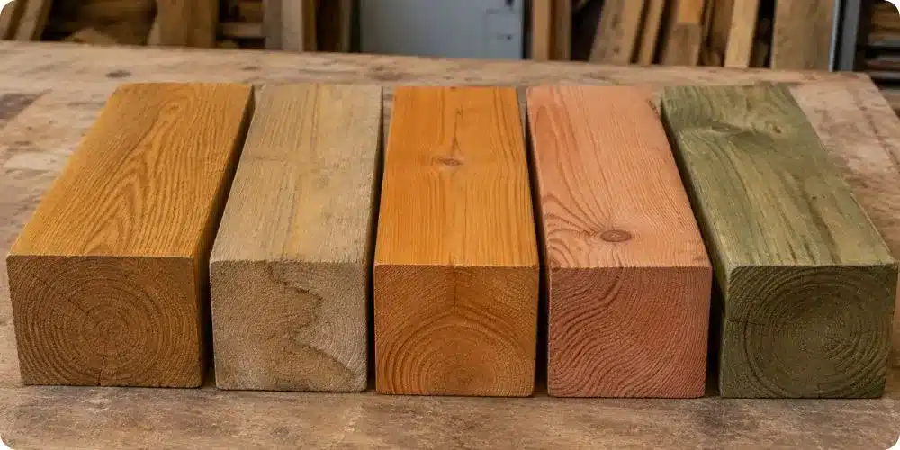 Échantillons de cinq essences bois pour linteau : chêne, châtaignier, mélèze, Douglas, pin autoclave