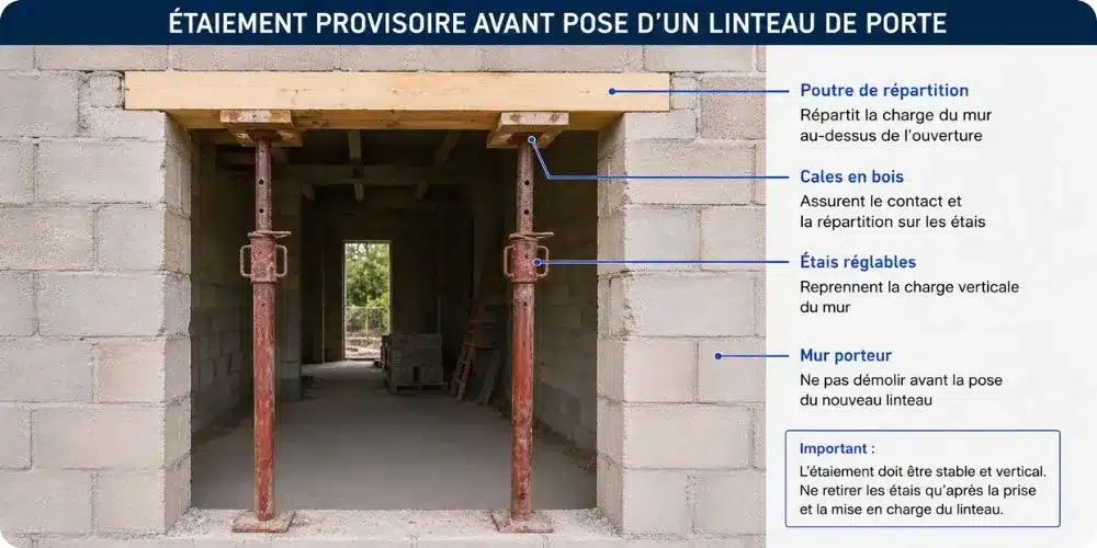 Étaiement provisoire avant pose d'un linteau de porte dans un mur porteur