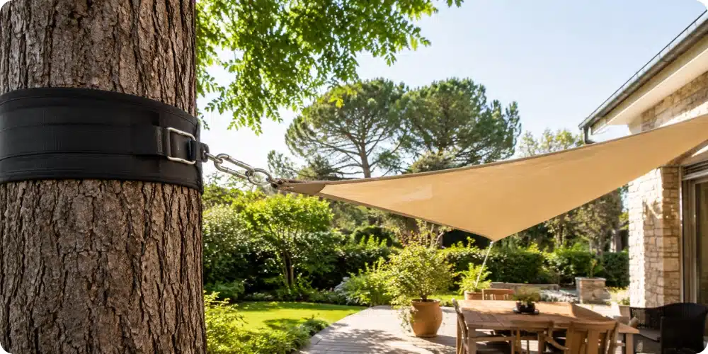 Fixation voile d'ombrage sur arbre avec sangle de protection en caoutchouc