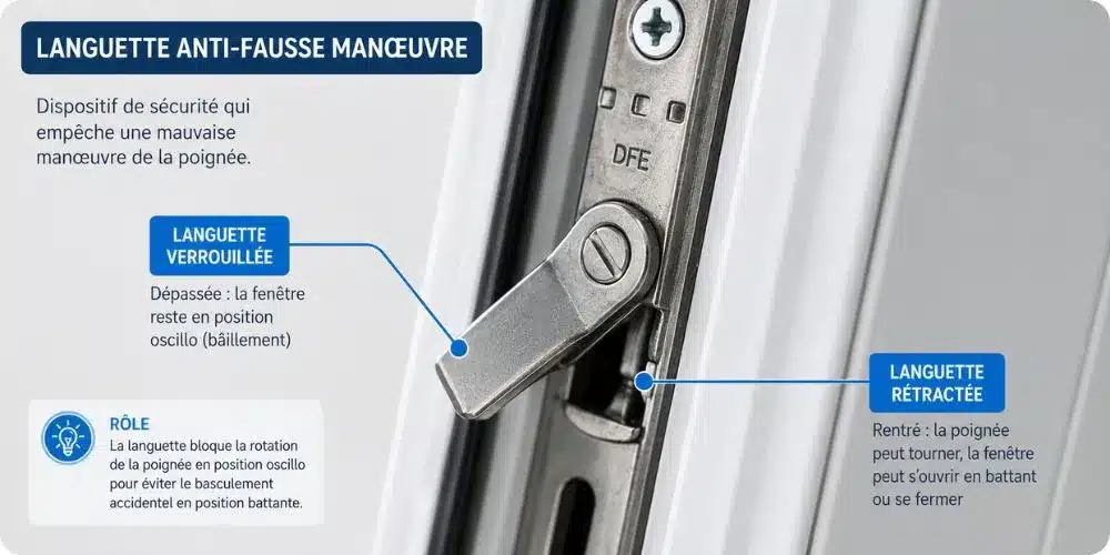 Gros plan sur la languette anti-fausse manœuvre d'une fenêtre PVC