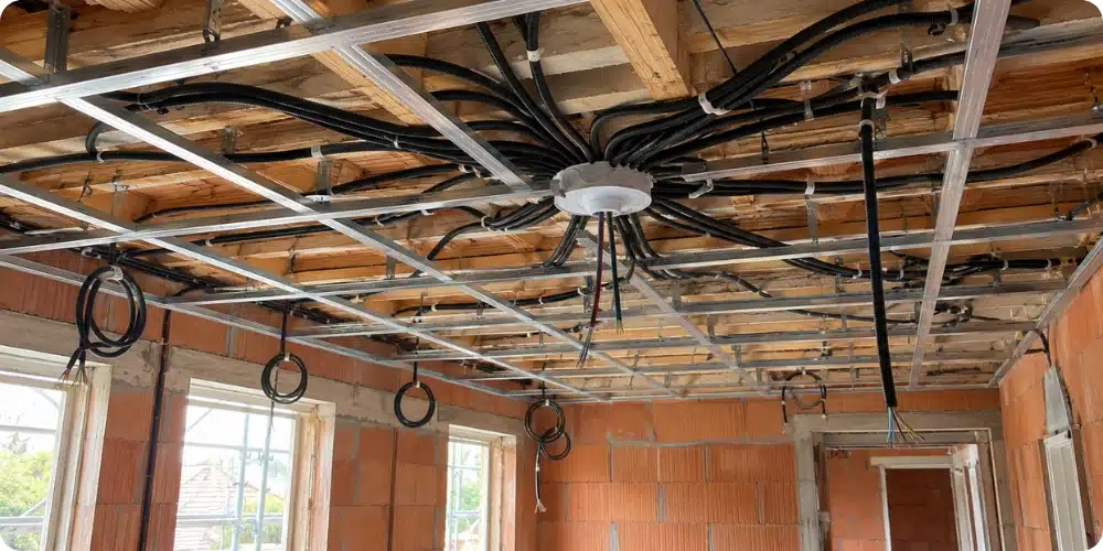 Installation de pieuvre électrique dans le faux plafond d'une maison neuve en construction
