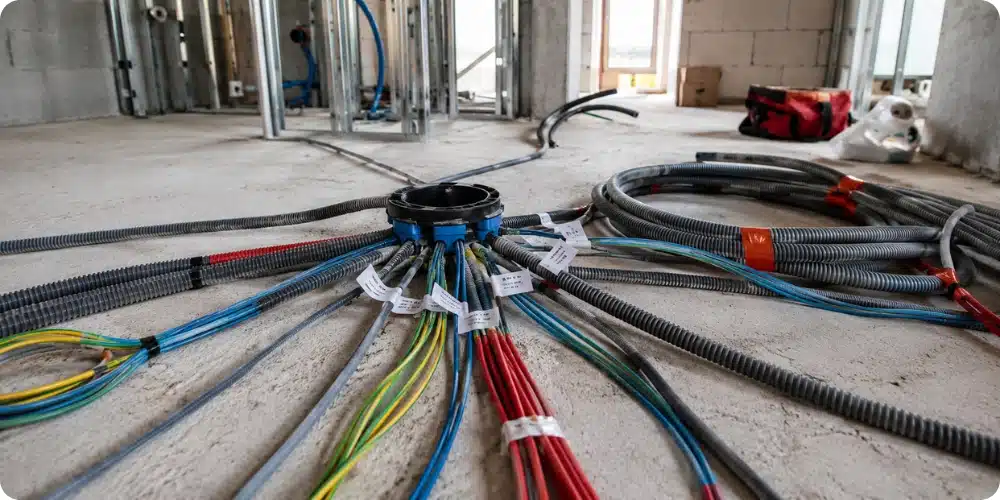 Kit pieuvre électrique déballé avec gaines ICTA étiquetées sur chantier