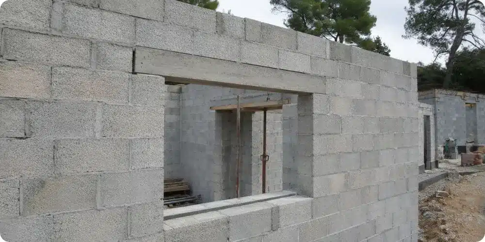 Linteau béton armé posé sur une ouverture de fenêtre en parpaing