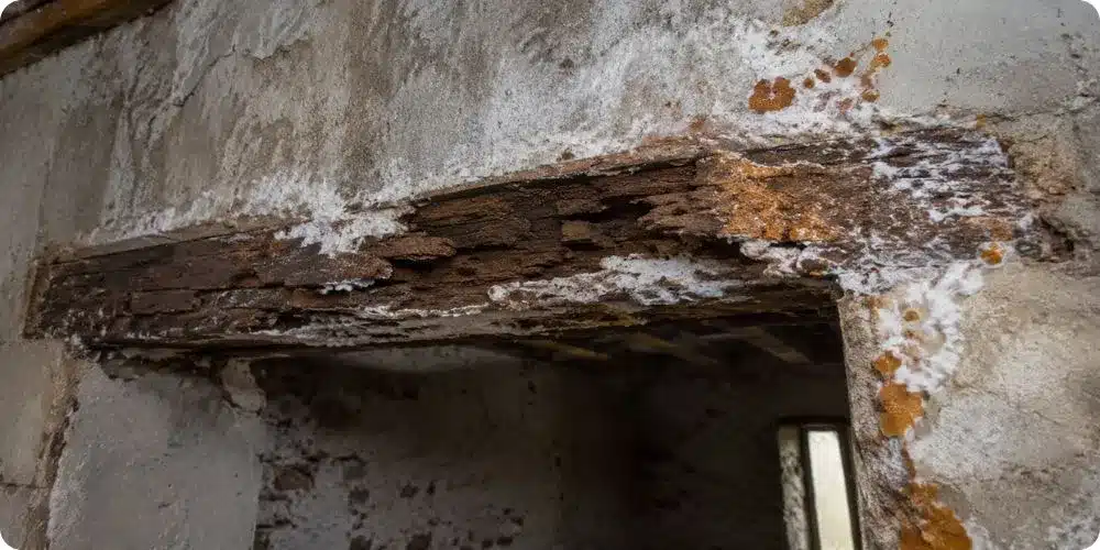 Linteau bois attaqué par la mérule sur ouverture de mur porteur