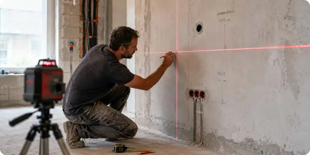 Marquage au niveau laser des hauteurs de prises et interrupteurs sur un mur de chantier