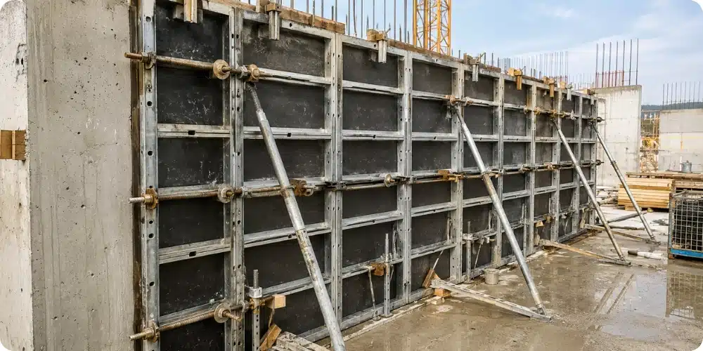 Mur en béton banché avec banches métalliques visibles avant décoffrage