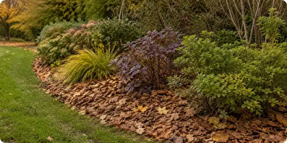 Feuilles mortes colorées au jardin en automne prêtes à être recyclées
