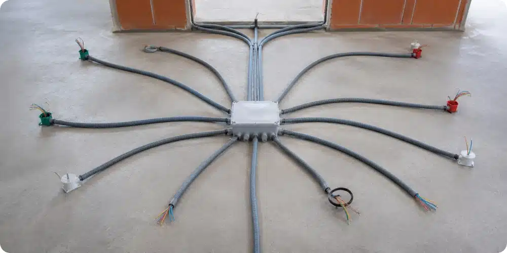 Pieuvre électrique préfabriquée avec gaines préfilées et boîte de dérivation centrale